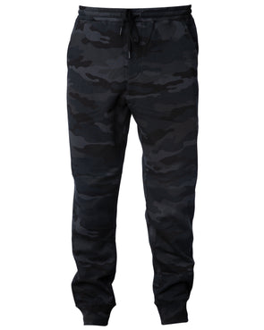 Front of black camouflage sweatpants with black drawstring waistband and cuffed ankles.
