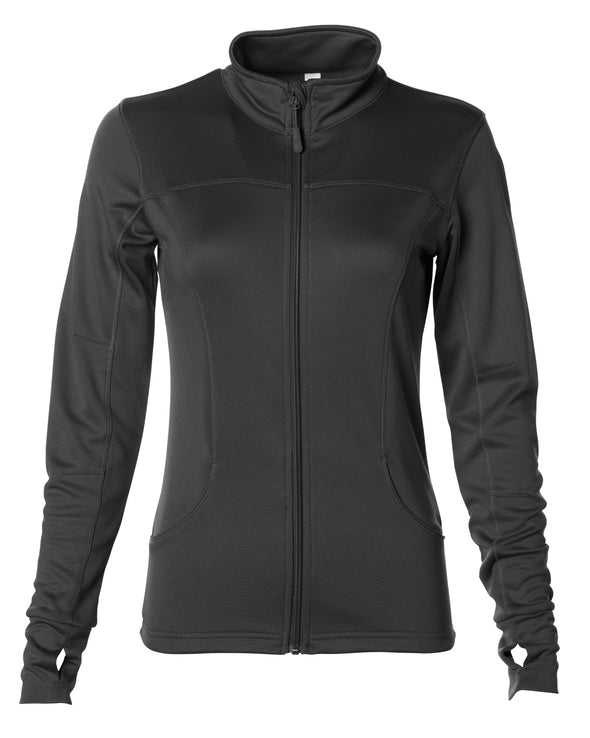 Front of black zip-up yoga jacket with front pockets and thumb holes.