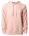 Front of a pink french terry pullover hoodie with a kangaroo pocket and two drawstrings.