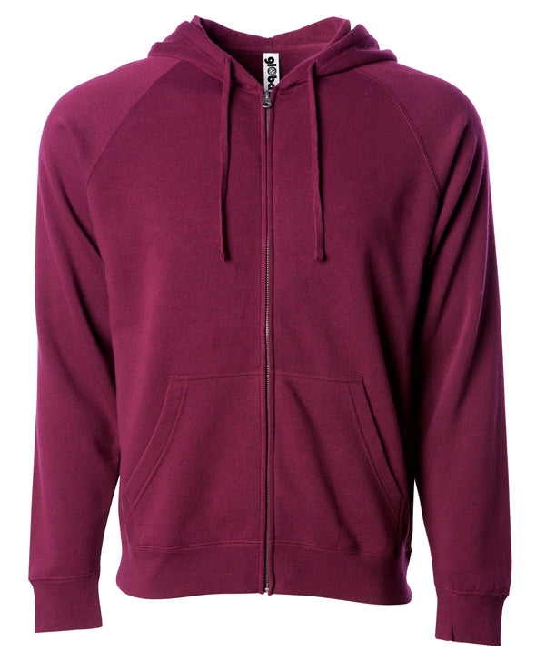 Front of a maroon fleece zip-up hoodie with front pockets and a drawstring.