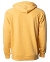Back of a golden yellow french terry pullover hoodie.