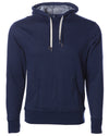Front of navy blue french terry pullover hoodie with a kangaroo pocket, two drawstrings, and thumbholes.