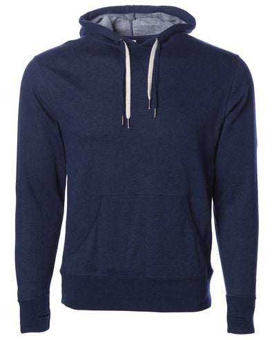 Front of navy blue french terry pullover hoodie with a kangaroo pocket, two drawstrings, and thumbholes.