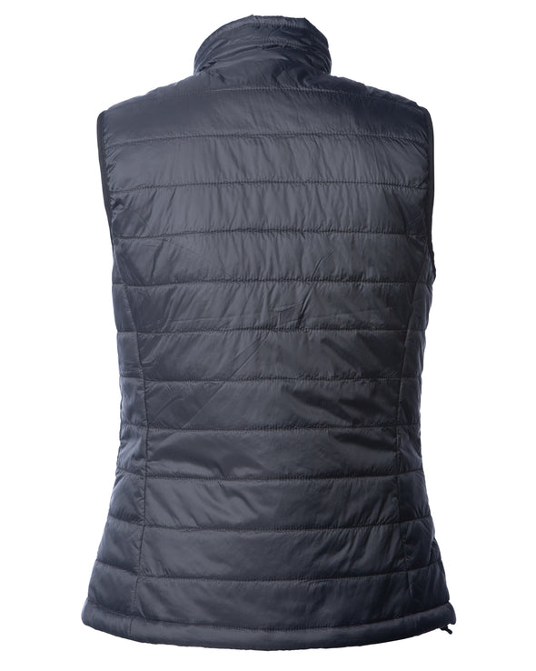 Back of a woman's black puffer vest.