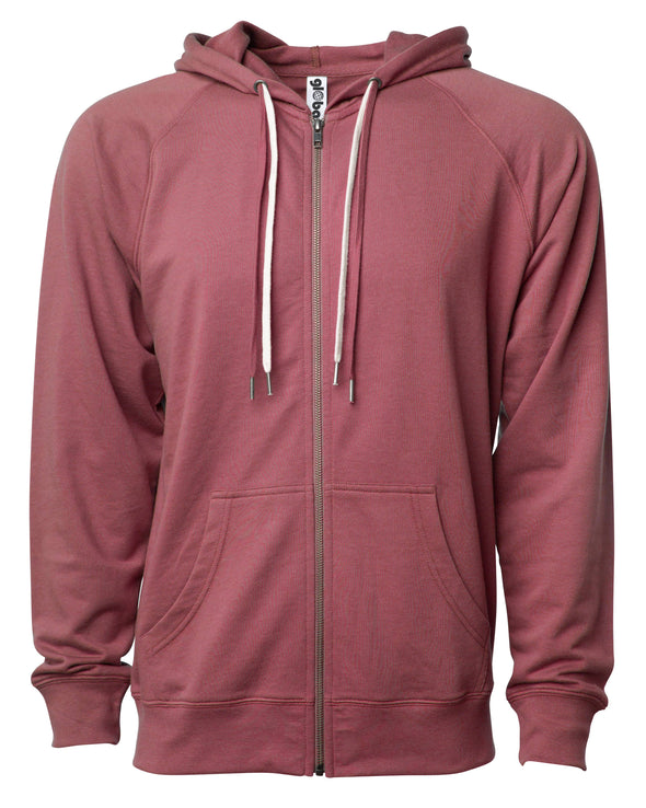 Front of a port red french terry zip-up hoodie with a kangaroo pocket and two drawstrings.