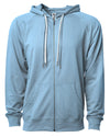 Front of a light blue french terry zip-up hoodie with a kangaroo pocket and two drawstrings.