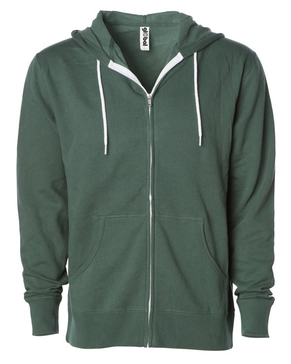 Front of a green zip-up fleece hoodie with front pockets and a white drawstring.