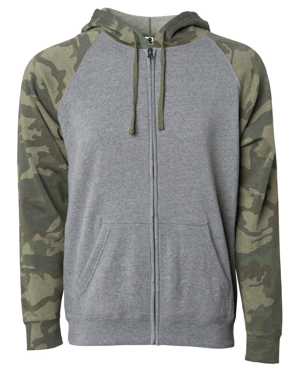 Front of a gray fleece zip-up hoodie with green camouflage sleeves and hood.