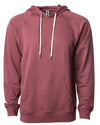Front of a port red french terry pullover hoodie with a kangaroo pocket and two drawstrings.