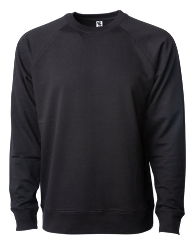Front of a black french terry long sleeve crew neck sweater.
