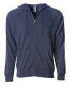Front of a navy fleece zip-up hoodie with front pockets and a drawstring.