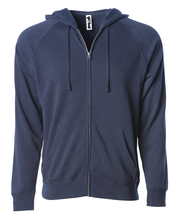 Front of a navy fleece zip-up hoodie with front pockets and a drawstring.