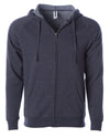 Front of a midnight blue fleece zip-up hoodie with front pockets and a drawstring.