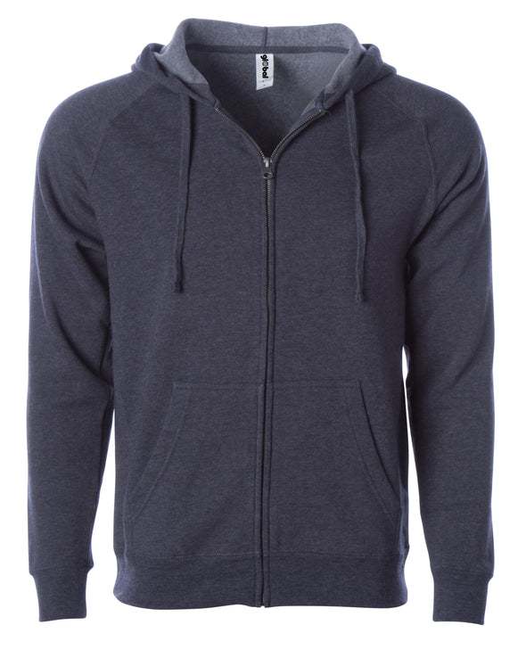 Front of a midnight blue fleece zip-up hoodie with front pockets and a drawstring.