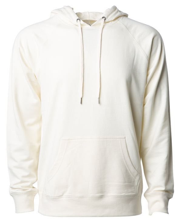 Front of a off-white french terry pullover hoodie with a kangaroo pocket and two drawstrings.