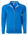 Front of a bright blue zip-up track jacket with two vertical white stripes along the sleeves and an open collar.