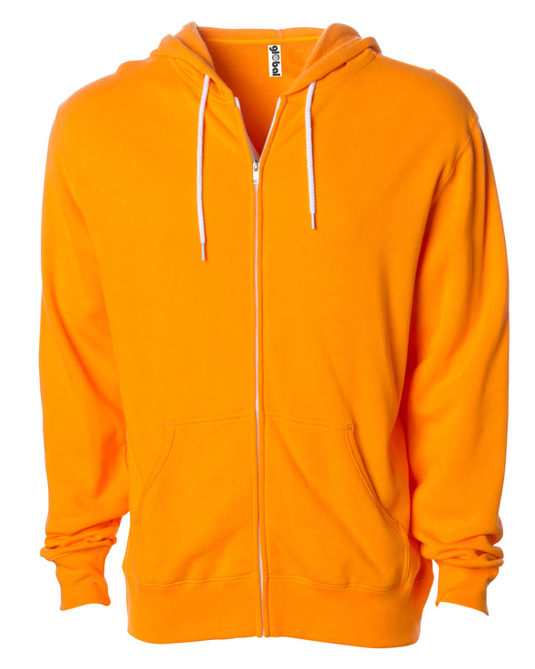 Front of a bright orange zip-up fleece hoodie with front pockets and a white drawstring.