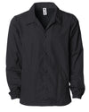 Front of a black nylon coach's jacket with black buttons.