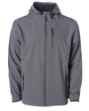 Front of gray tech jacket with hood and zipper chest pocket.