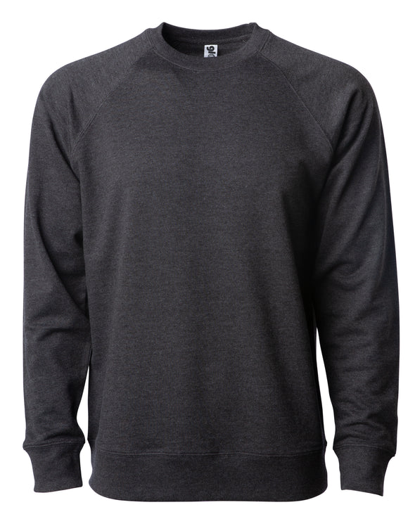 Front of a charcoal gray french terry long sleeve crew neck sweater.