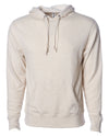 Front of beige french terry pullover hoodie with a kangaroo pocket, two drawstrings, and thumbholes.