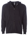 Front of a black fleece zip-up hoodie with front pockets and a drawstring.