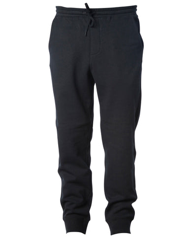 Front of black sweatpants with black drawstring waistband and cuffed ankles.