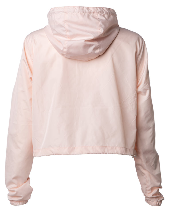 Back of a pink crop top windbreaker hoodie.